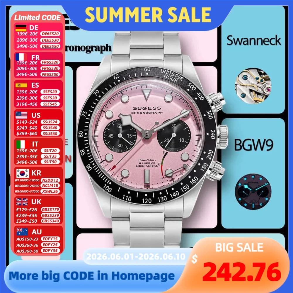 Sugess Chronograph Men's Watch Original ST1907 Swanneck Pilot Dopamin S457 2025 New Mechanical Dopamin Glass