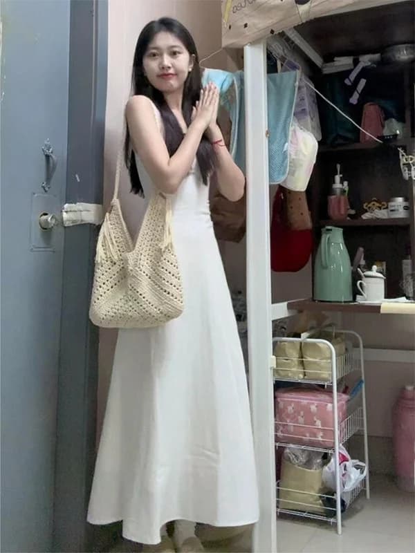 Abito Estivo Bianco con Scollo a U e Spalline, Vestito Lungo da Donna per Vacanze, Vita Alta, Effetto Snellente, Stile Francese, Tinta Unita, Senza Maniche