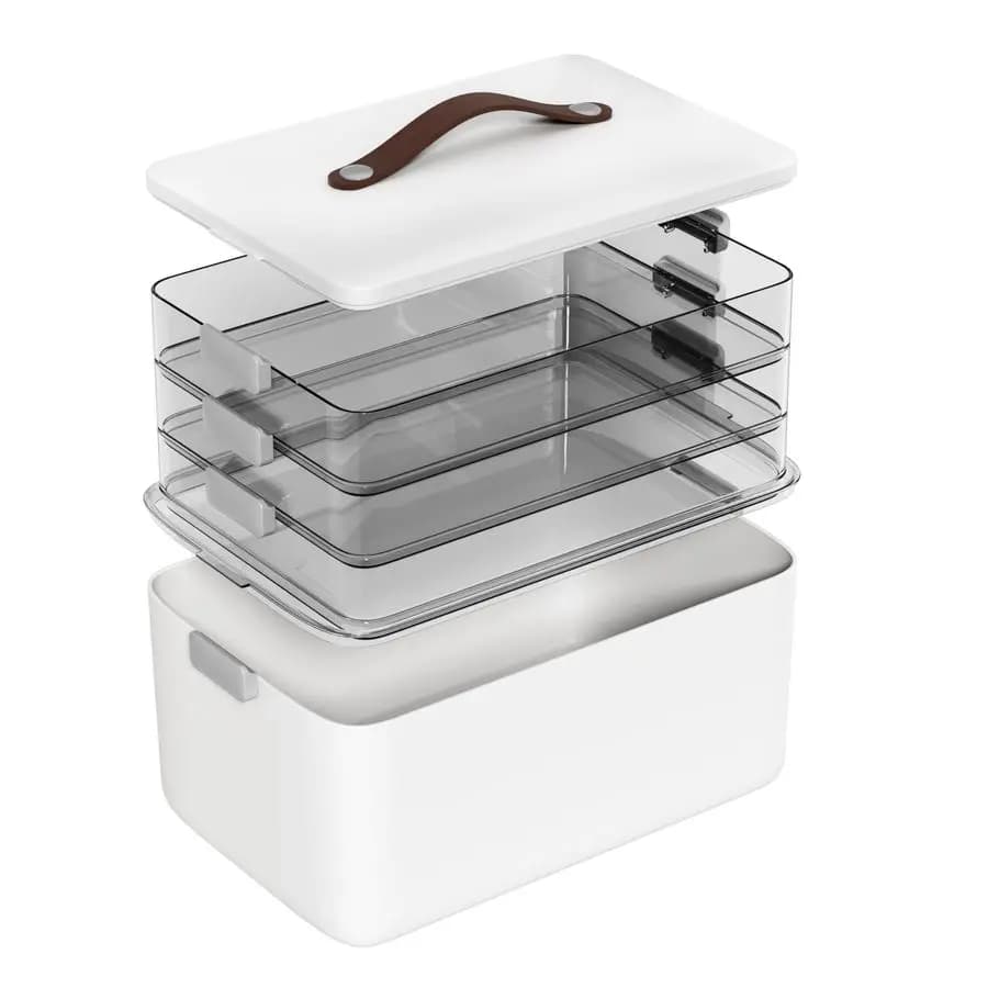 4Tier Medicine Organizer Storage Box, Portable Latch Bin with Lid and Leather Handle, Cabinet Closet Organization for Home Offic