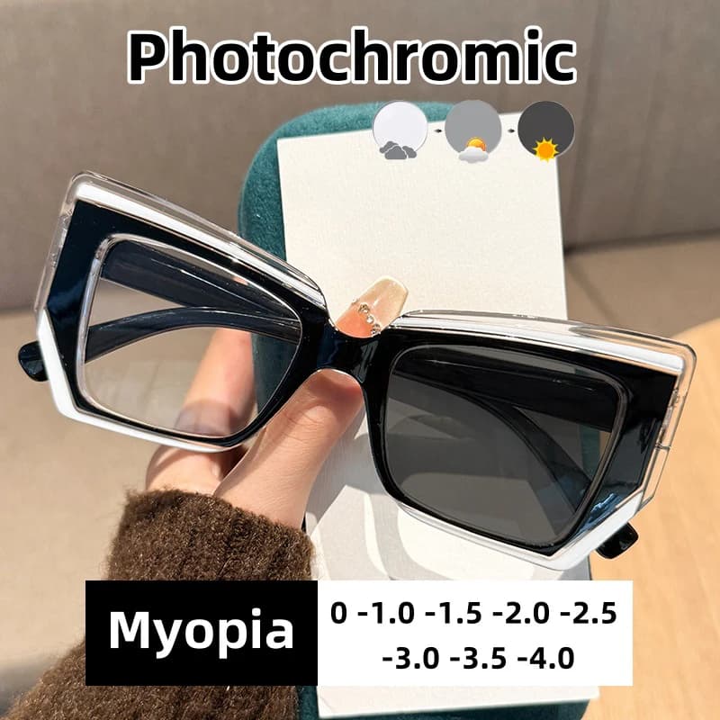 French Oil Painting Style Cat Vision Photochromic Myopia Glasses Vintage Artistic Style Large Frame Glasses with UV Protection