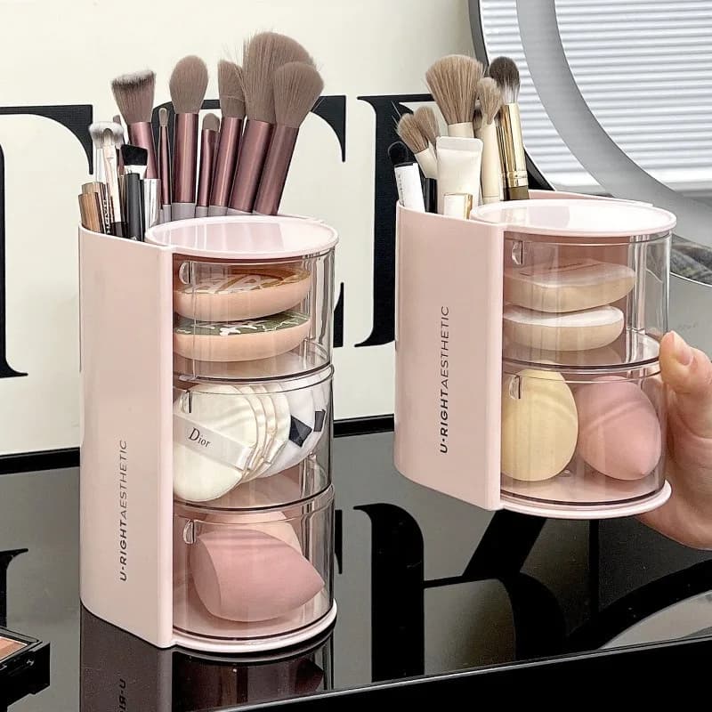 Scatola portaoggetti per soffio per trucco Tavolo da toeletta rotante antipolvere Cuscino per spugna per trucco da tavolo Scaffale per pennelli per rossetto.