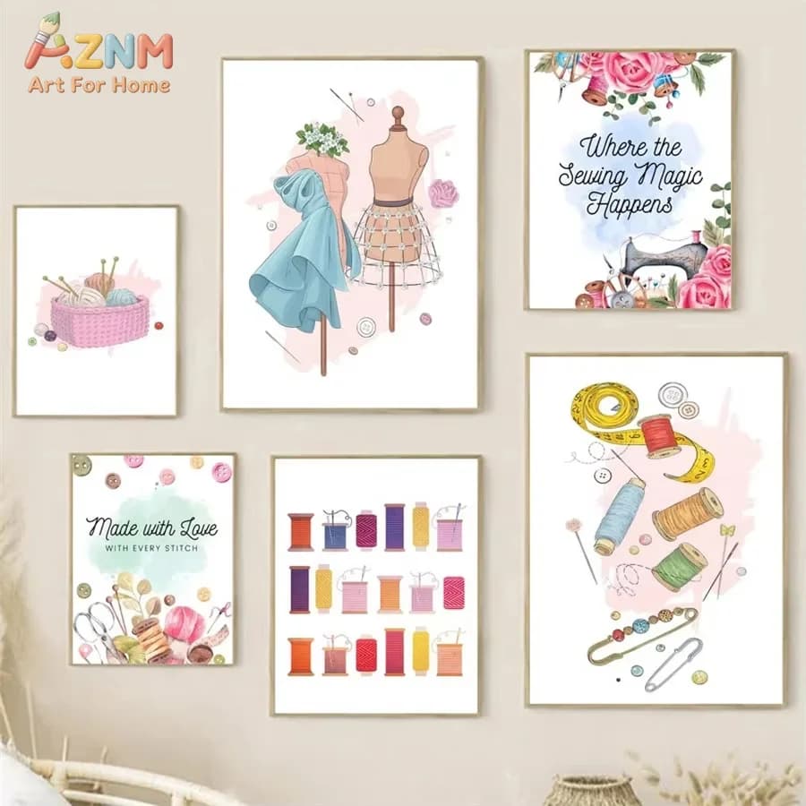Dress Machine Needle Thread Scissors Beautiful Sewing Posters And Prints Wall Art Canvas Painting Pictures For Craft Room Decor