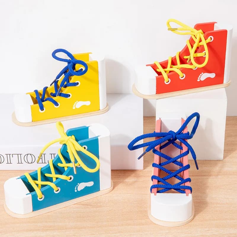 Gioco Puzzle in Legno per Allacciare le Scarpe, Giocattolo Montessori per Allacciare le Sneaker
