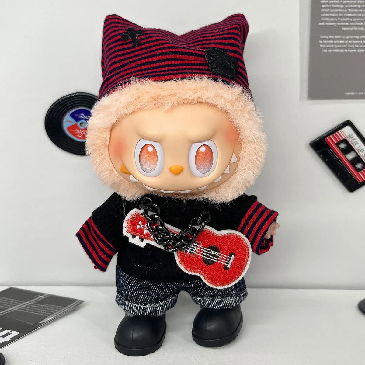 Mini peluche idol vestiti per bambole per labubu stile hip hop t-shirt pantaloni cappello chitarra moda musica stella fan regali