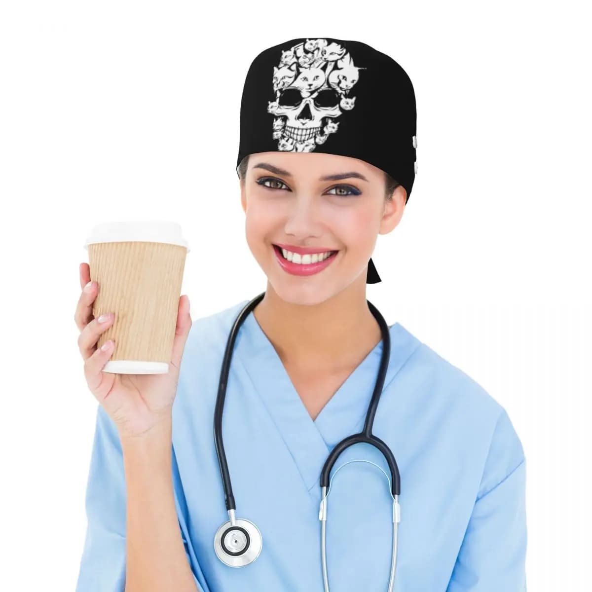 Halloween Funny Cat Skull Cat Min Scrub Hat Doctor Working Surgical Cap Unisex Adjustable Nursing Caps for Dentist