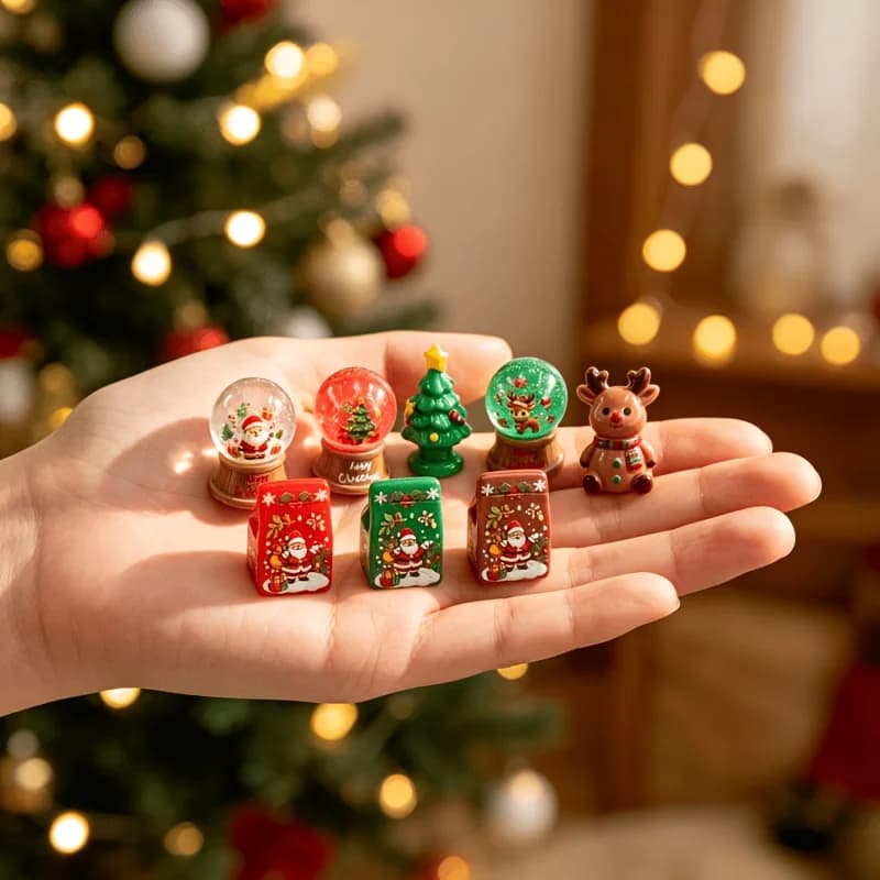 8Pc Christmas Mini Ornament Set: Crystal Balls, Gift Boxes, Tree & Elk. Perfect for Micro Scenes, Home, Car & Desk Decor.