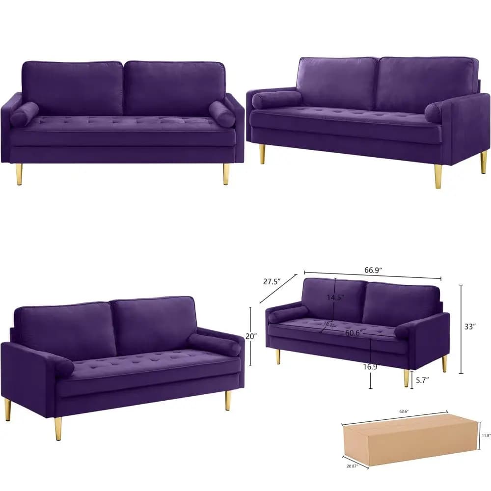 Divano letto in velluto da 67", divanetto moderno con gambe in metallo dorato e 2 cuscini imbottiti, divano con sedili d'amore in velluto per piccoli spazi, livi