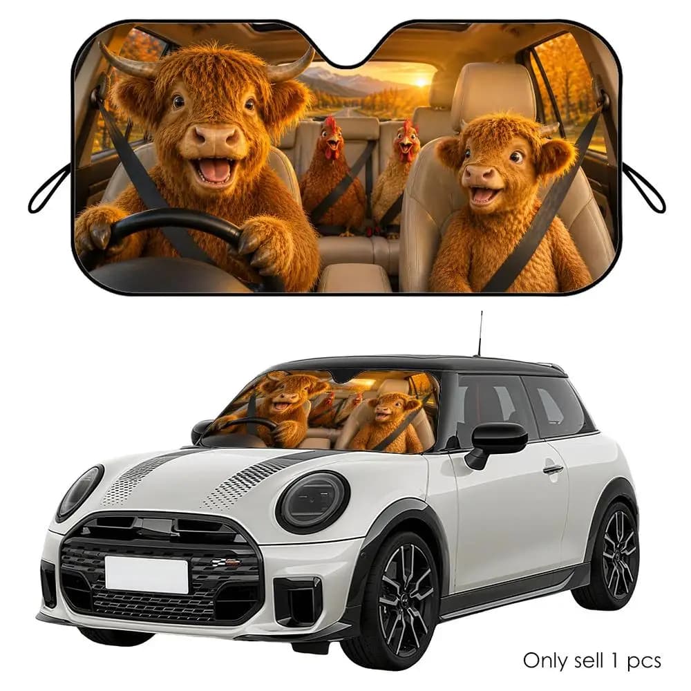 Highland Cows Road Trip Sun Visor Reusable Aluminum Foil Car Windshield Sun Visor UV Heat Insulation Cover Shade