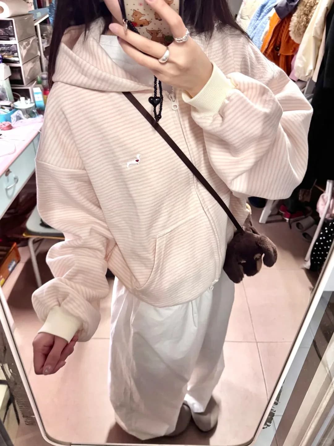 Pink Striped Hoodie Zipper Cardigan Women's Loose Lazy Style Spring Autumn New Arrival Fufu Milk Brand Hooded Sweatshirt