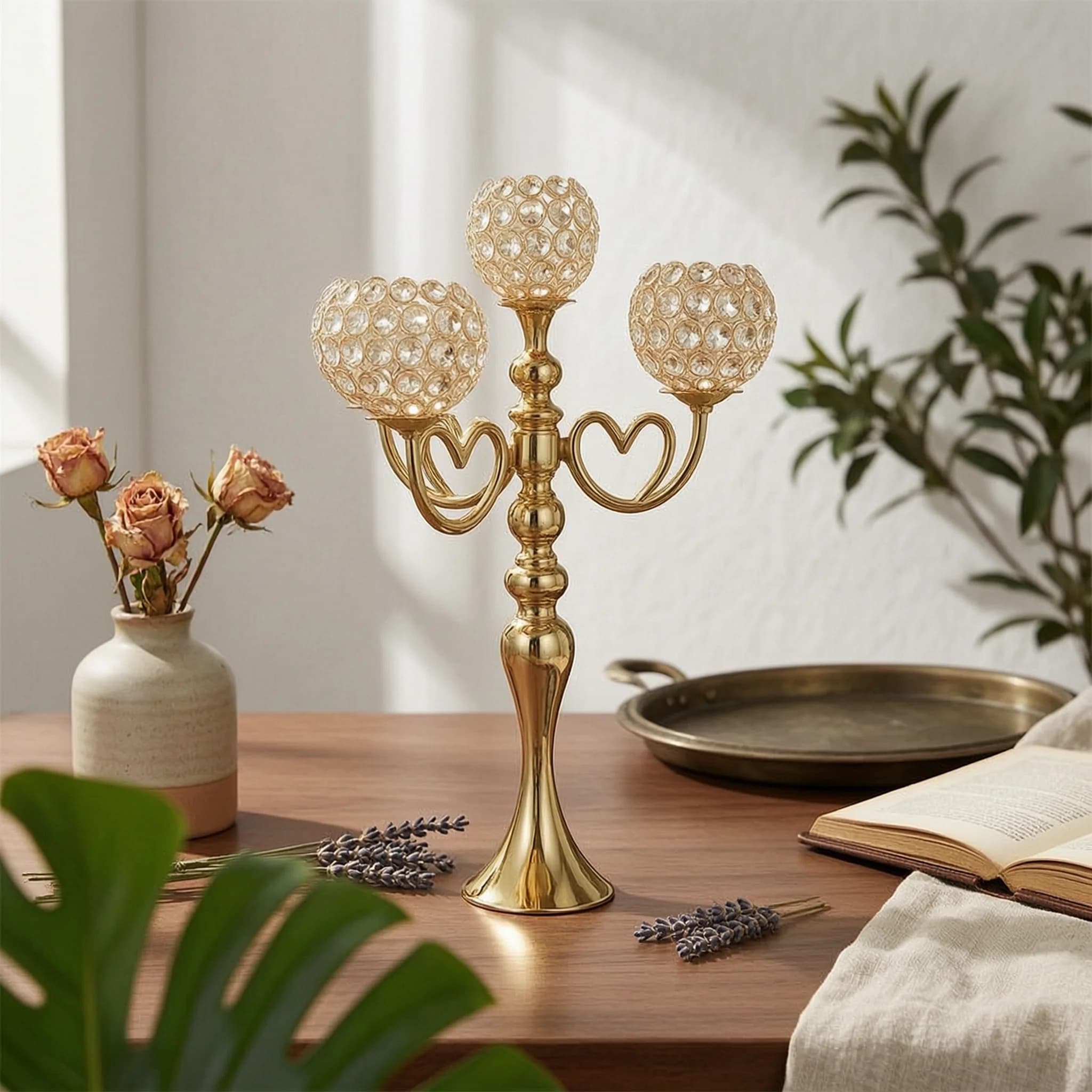Candelabra with Crystal Beads Decorative Candelabra Centerpiece Candle Holder with Five Heads Shiny for Wedding Planners
