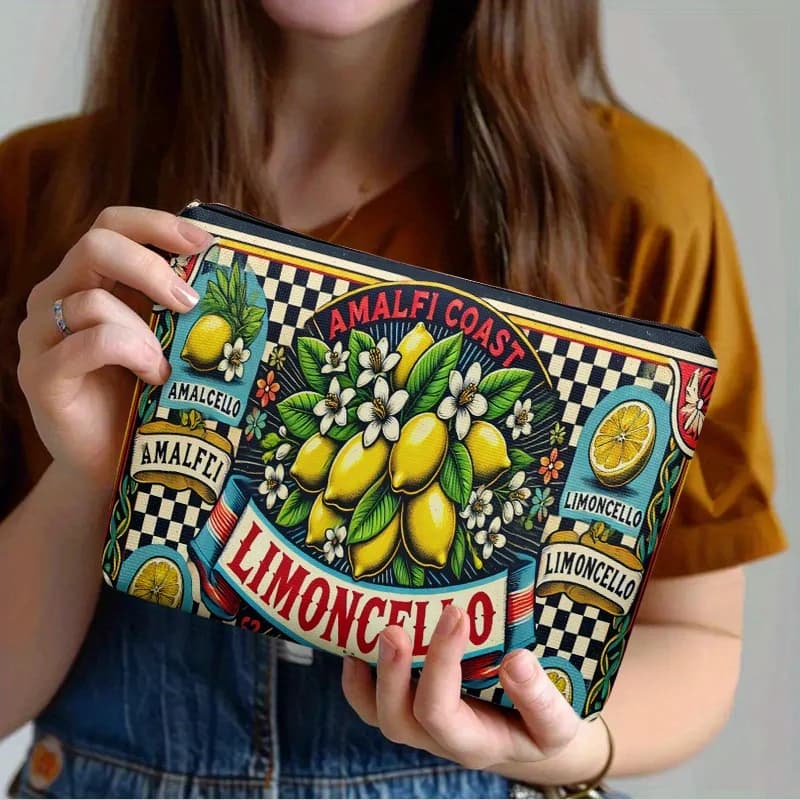 1 borsa per il trucco Amalfi Coast Lemonade - Stampa fronte-retro di limoni e design a quadretti - Regalo ideale per gli amici, astuccio