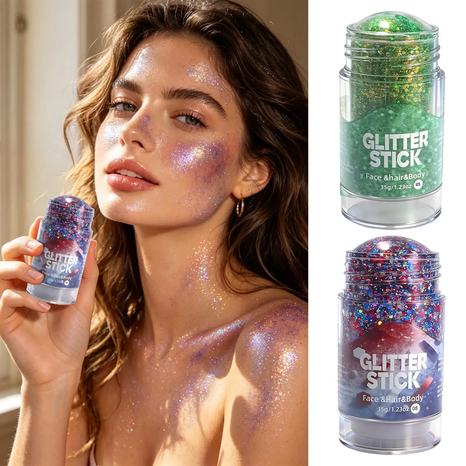 Stick Gel Glitterato con Paillettes Scintillanti, Ombretto Rosa Perlato ad Alta Lucentezza, Glitter per Viso e Corpo, Illuminante per Trucco da Palcoscenico