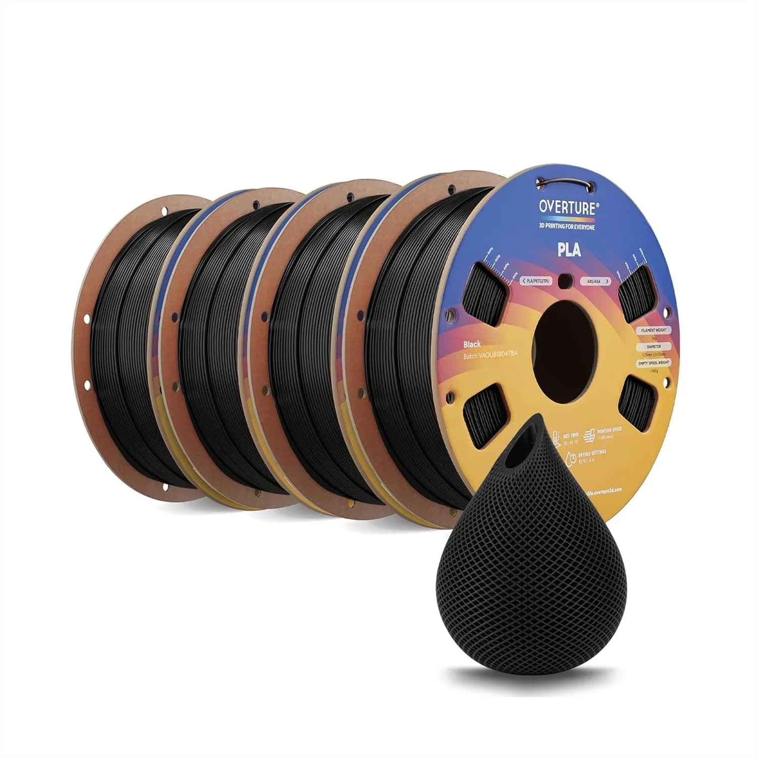 Filamento PLA 1.75mm 4kg, Bobina Avvolta Ordinatamente per Stampante 3D, Confezione da 4 Bobine da 1kg (2.2 libbre), Precisione Dimensionale +/- 0.02 mm
