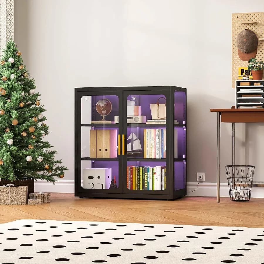 Display Cabinet with Glass Doors and RGB Lights for Collectibles