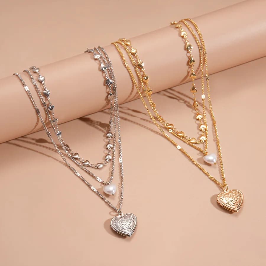 Heart Three-layer Pendant Necklace for Women Girls Retro Imitation Pearl Sweater Chains Necklaces