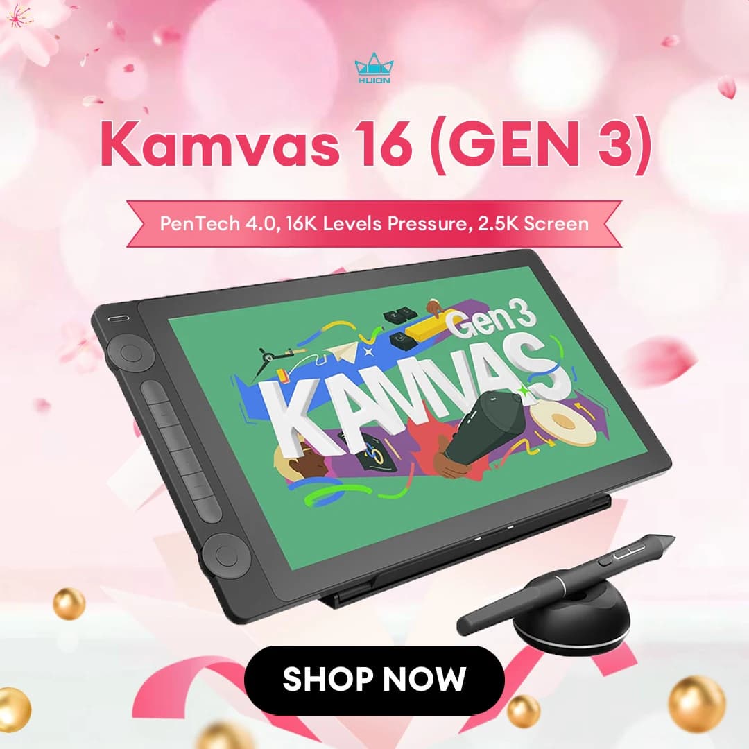 Huion Kamvas 16 (Gen 3) Tavoletta grafica Monitor 16K Livelli Pressione PenTech 4.0 Penna Disegno Display Schermo QHD da 15,8 pollici 2,5K