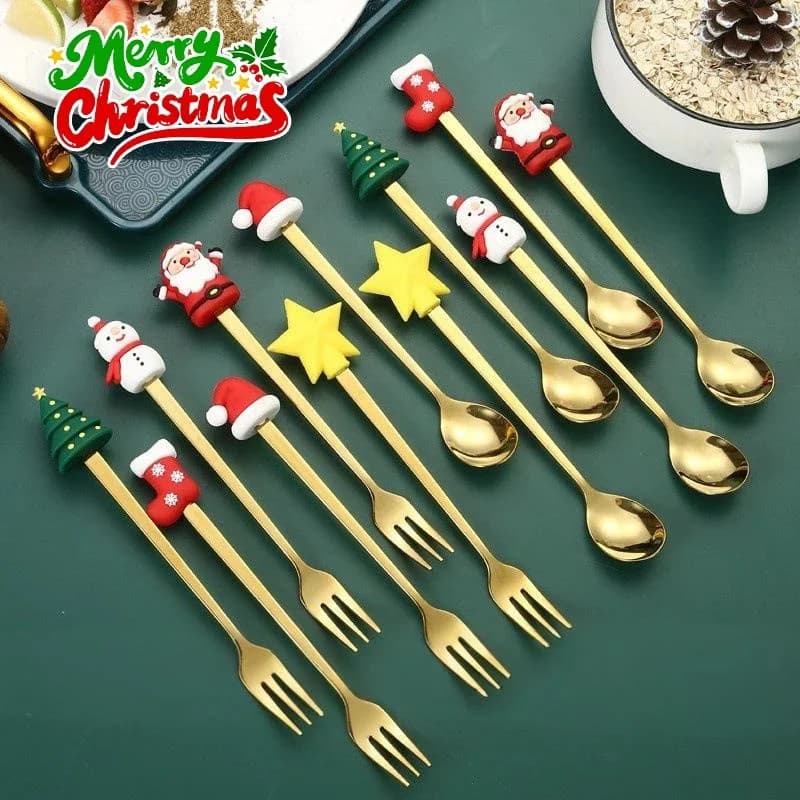 Stainless Steel Christmas Spoon Fork Set for Coffee Tea Soup Cake Fruit Utensils Dinner Party Cutlery Collection