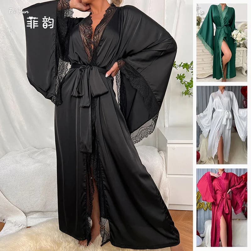 Red Ultra Long Kimono Women's Dress Night Shirt in Satin Sleeve Larga Silk Dress Night Shirt with V Neckline Autumn New Nightwear