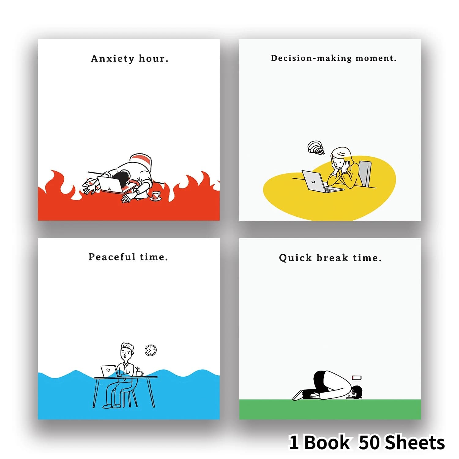 Worker Mood Cartoon Sticky Notes, 4‑Style Office State Comic Memo Pads, Simple Line‑Art Notepads for Journal Office Reminder