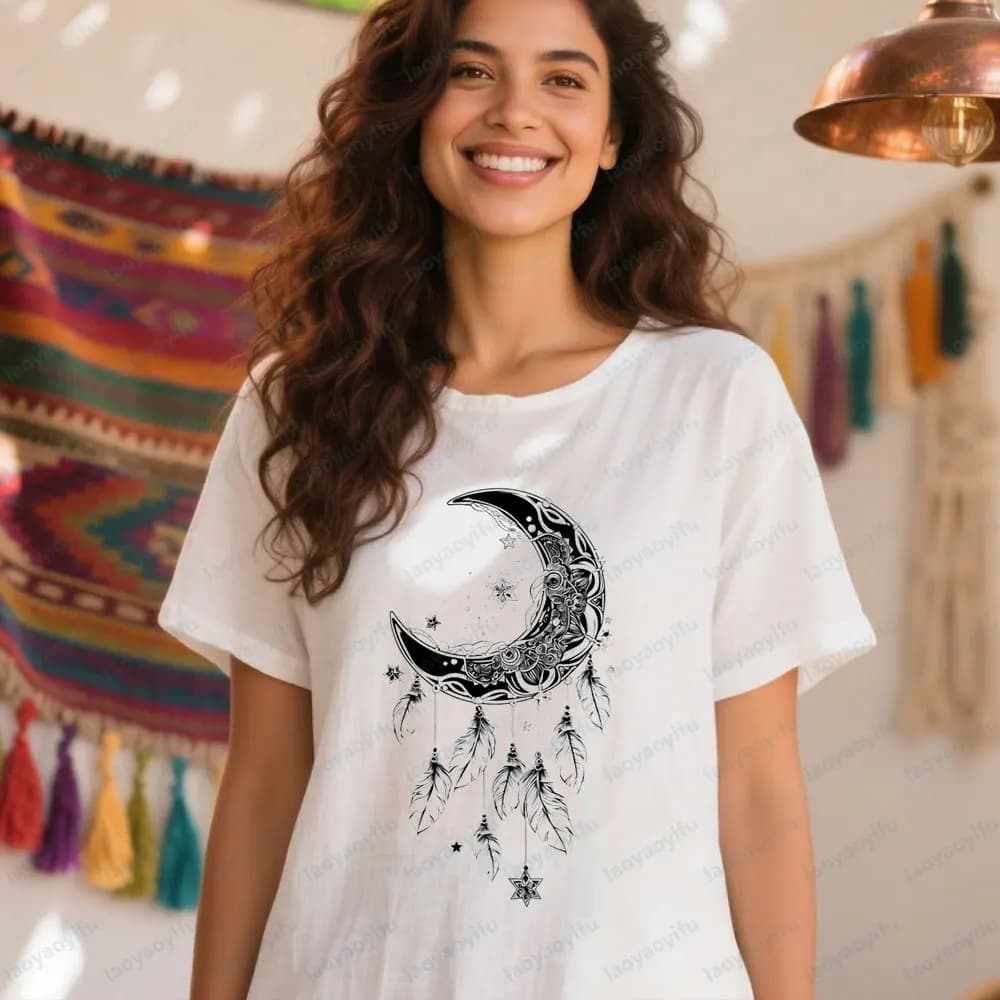 Crescent Moon Dreamcatcher T-Shirt Boho Celestial Magic Printed Tshirt Women Fashion Casual Daily Life Crewneck Cotton Tee Tops