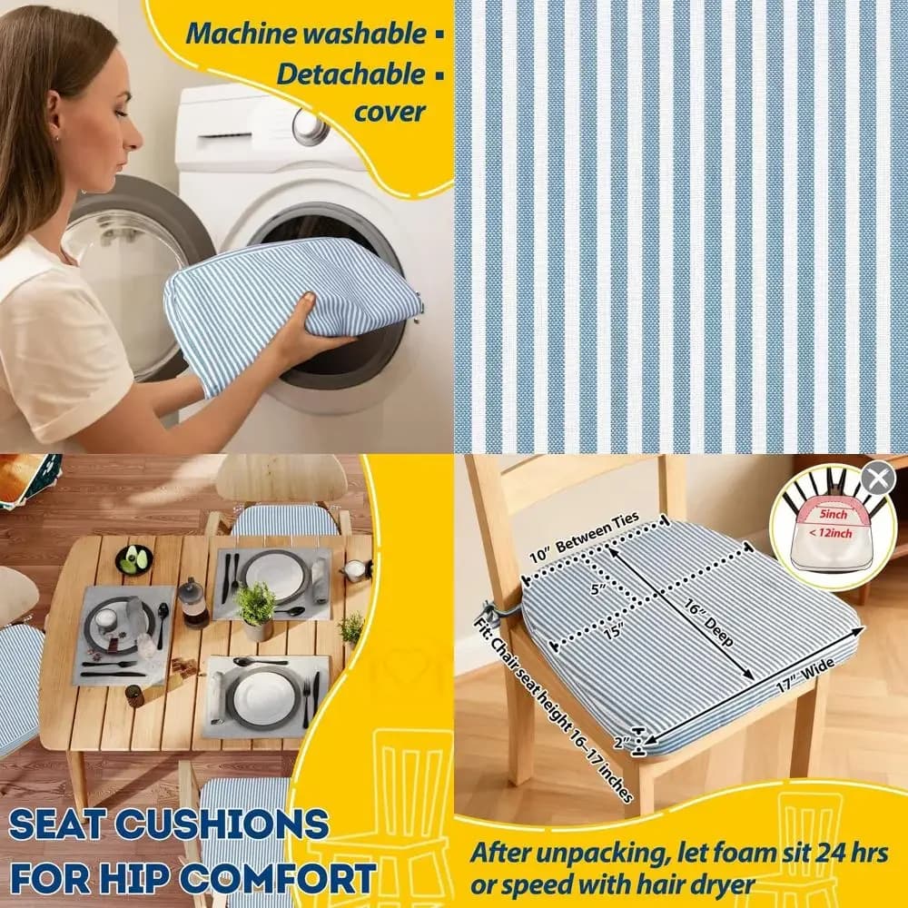Set of 6 cushions for dining chairs, 17x16, blue striped, thick, with washable laces and removable covers