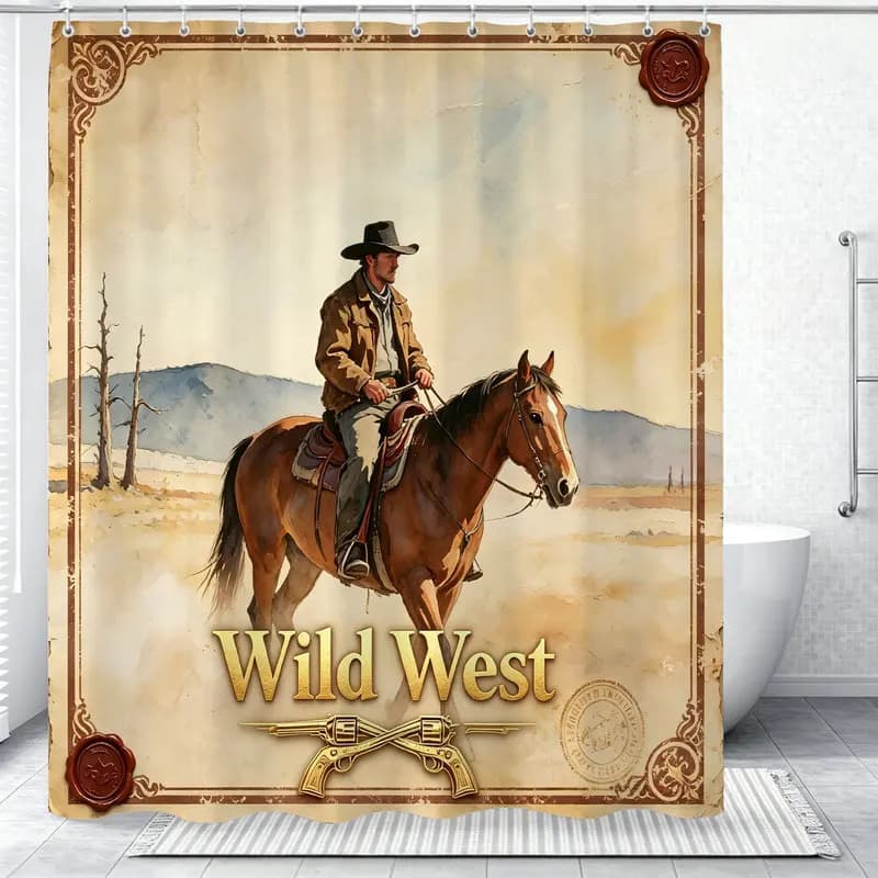 180x180cm Polyester Shower Curtain,Easy Hanging,Easy to Install,Durable,Western Cowboy on Horse Print,Western-Themed Home Decor