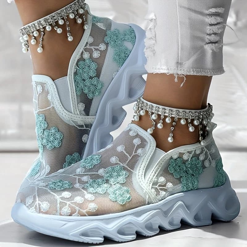 Sneakers Casual e Comode da Donna, Scarpe di Design con Ricamo Floreale in Mesh, Scarpe da Corsa Traspiranti di Lusso per Donne