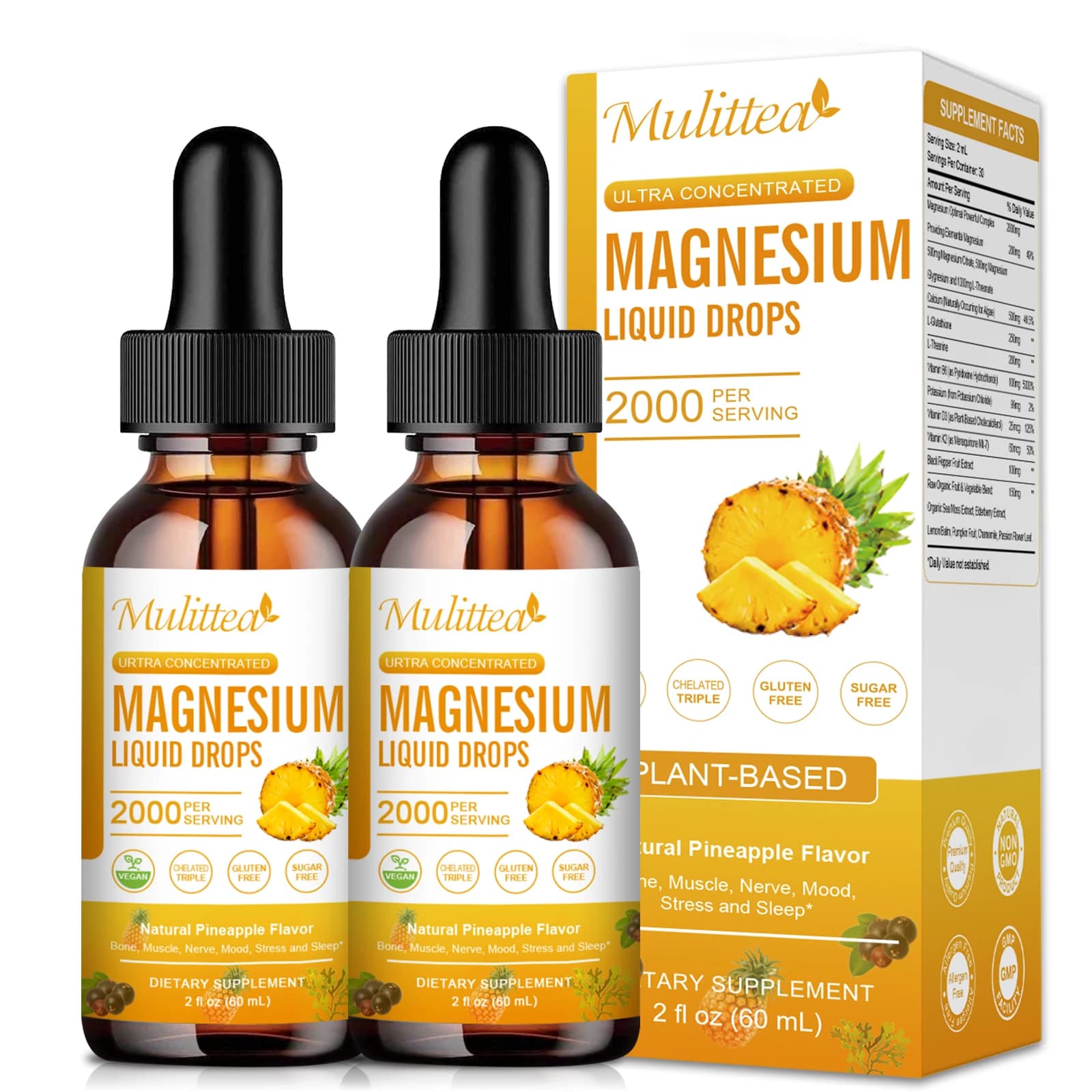Mulittea 60ML Glicinato di Magnesio Liquido in Gocce con L-Teanina, Vitamina per il Sonno e il Supporto del Relax, dell'Umore e del Sistema Nervoso