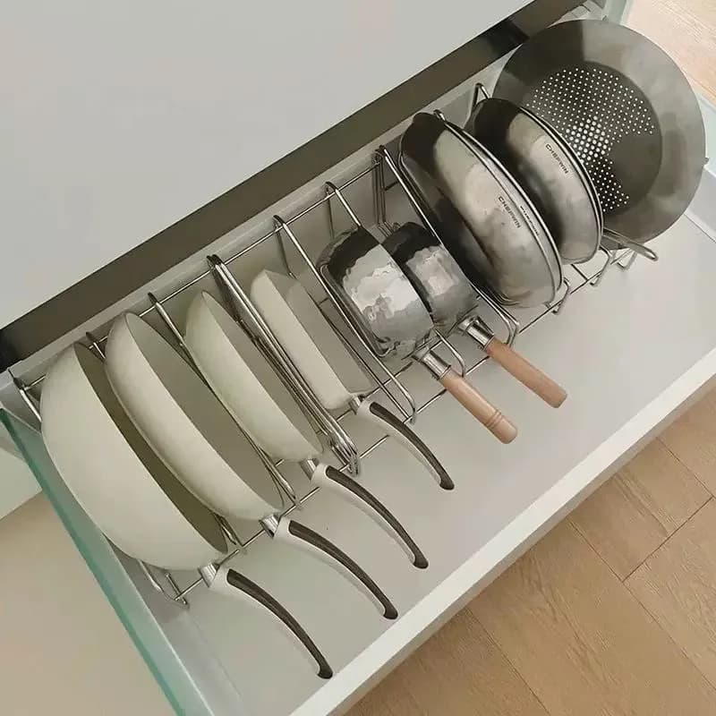304 Stainless Steel Frying Pan Rack Lid Holder Pot Rack Storage Organizer Shelf for Kitchen Cabinet Inside Drawer Organization