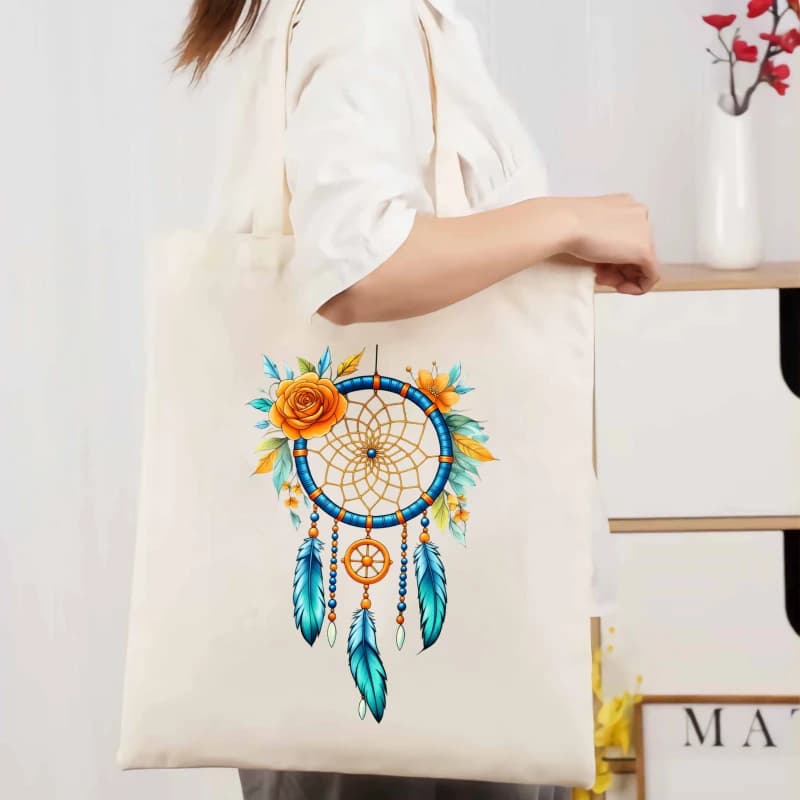 Dream Catcher canvas tote bag with white floral and feather prints for everyday use and shopping
