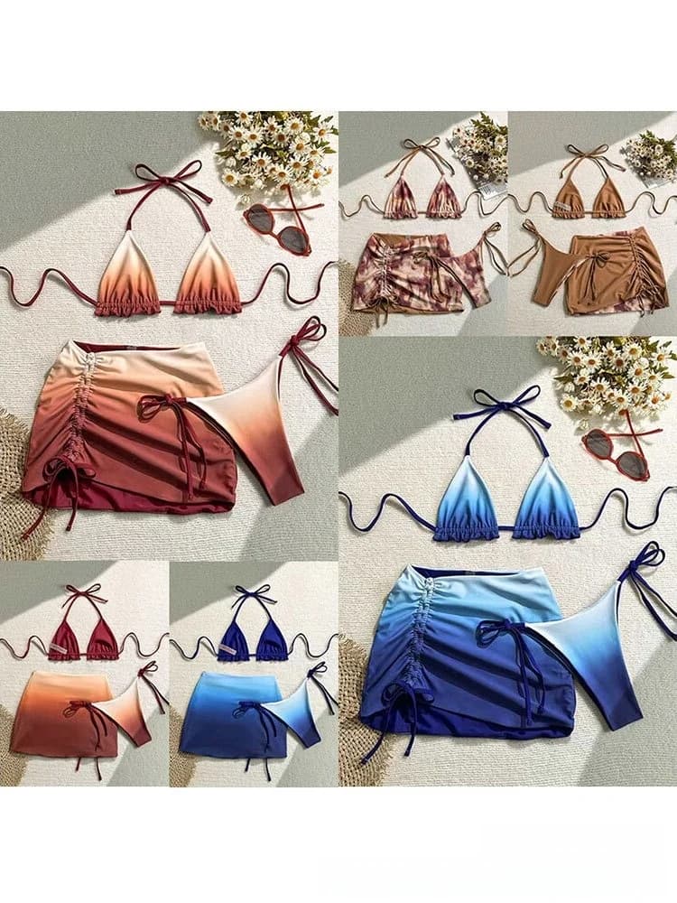 Tie-Dye Bikini Swimsuit Women's Fabric Skirt Separate Sexy Slimming Ladies Surfing Casual Swimwear Polyester Material