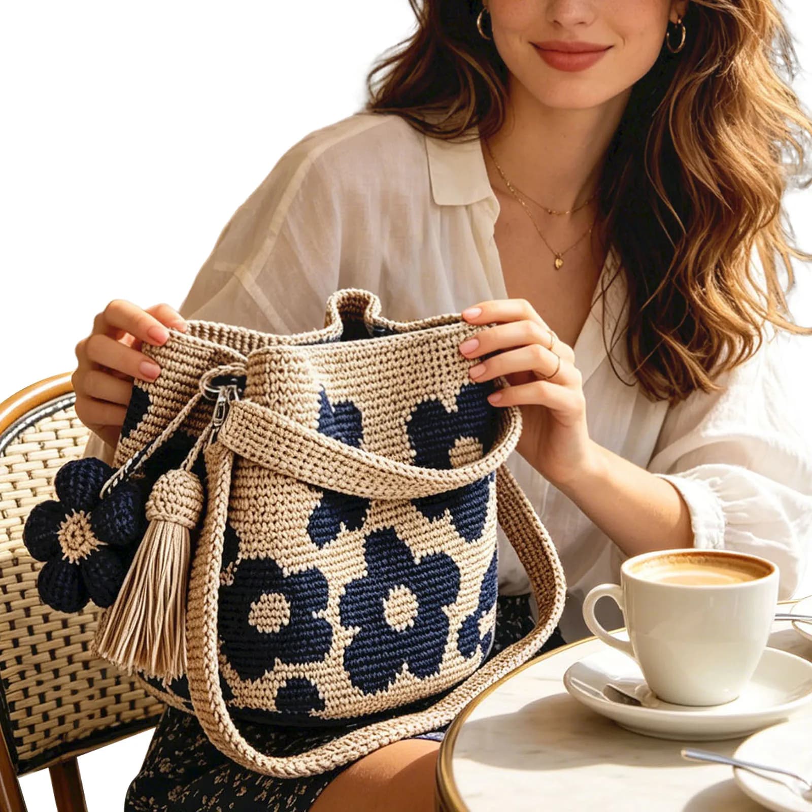Handmade Crochet Flower Tote Handbags Purse for Women Shoulder Bag with Flower Tassel Vacation Boho Beach Bucket Woven Bag