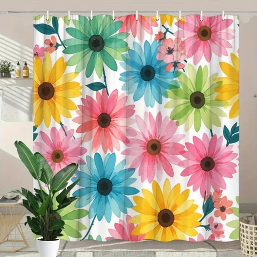 Tenda da doccia floreale con margherita - Illustrazione digitale, margherite sovrapposte in verde, blu, rosa, giallo su bianco