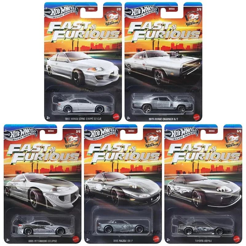 Hot Wheels Diecast Car Model 26 New Alloy Fast Furious Silver Series Honda Civic Dodge Charger Mitsubishi Eclipse For Collectors