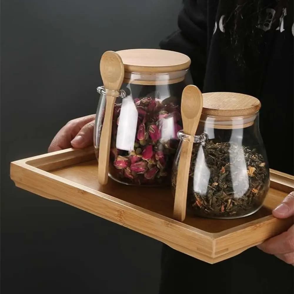 Wide Mouth Glass Storage Jars Leak-Proof with Bamboo Lid Food Storage Canisters with A Spoon Airtight Kitchen Canisters