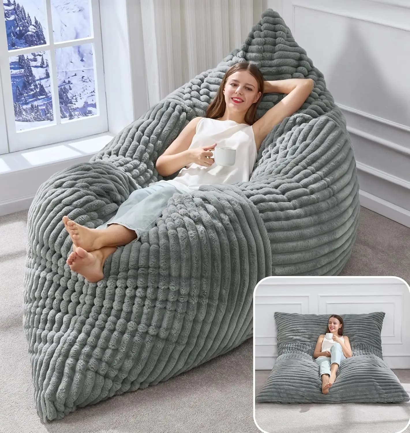 Poltrona Sacco Gigante 3 in 1 Convertibile con Cuscino da Pavimento e Rivestimento Lavabile in Lavatrice, Poltrone Sacco per A