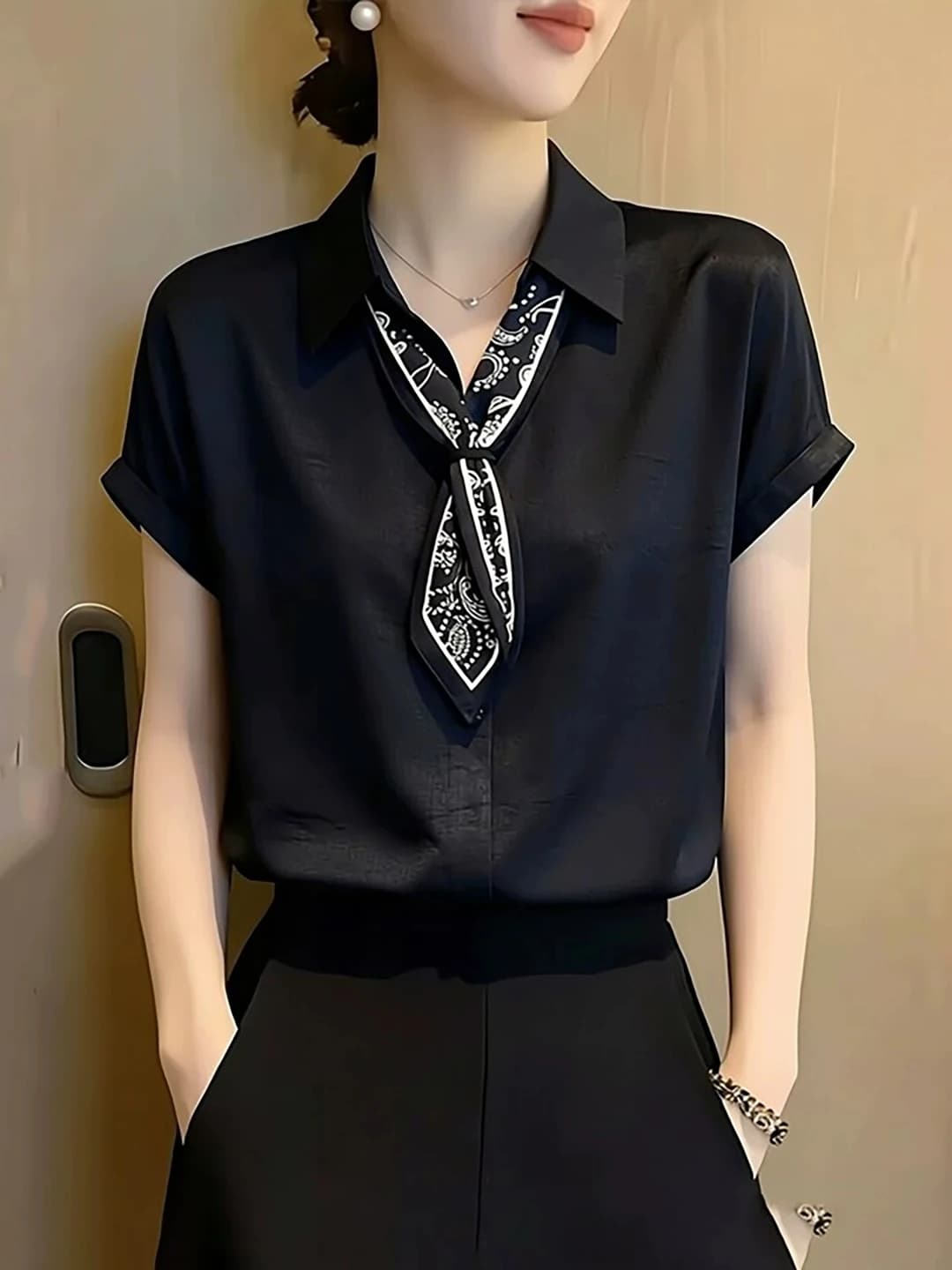 Black Silk Scarf Turn-down Collar Short Sleeve Shirt Women's Summer plus Size Fashionable Youthful Commute Top