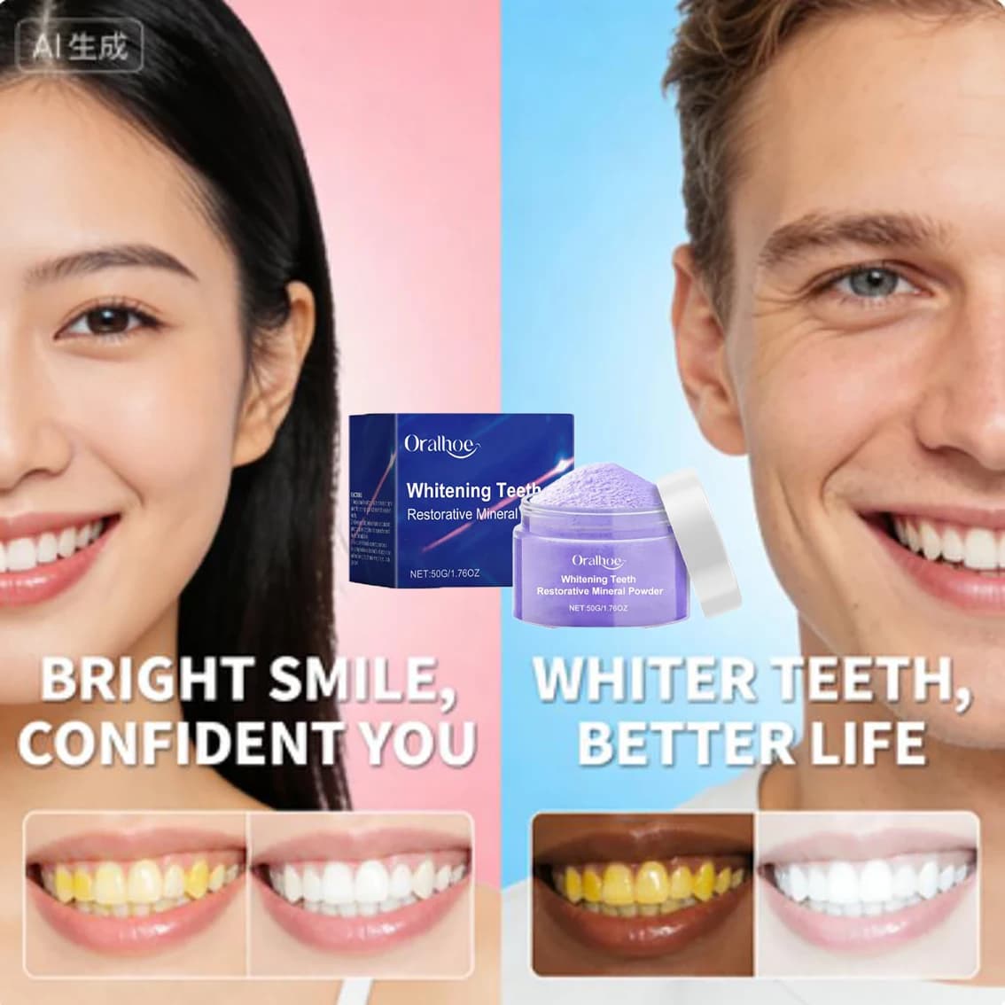 Polvere sbiancante per denti, rimuove le macchie gialle, polvere detergente profonda per denti, prodotto per l'igiene orale al gusto menta fresca
