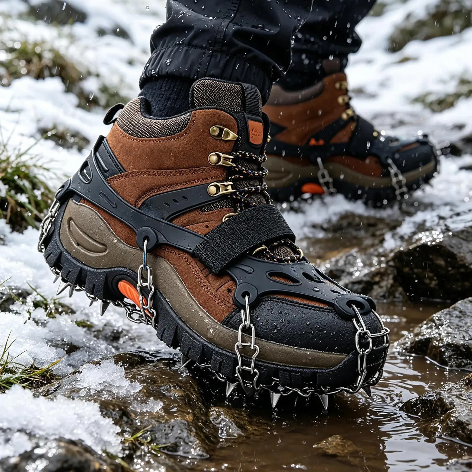 19-Spike Foldable Ice Cleats for Shoes, Non-Slip Rubber CramponsSnow Traction Grips for Boots Hiking Running Walking Jogging