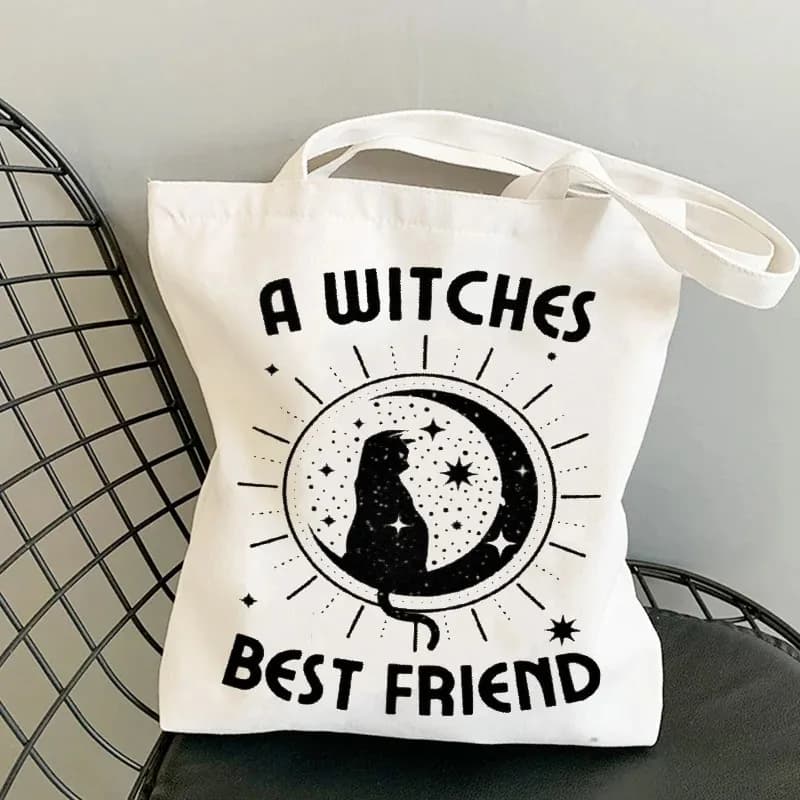 Borse tote in tela con gatto stregato Modello stella lunare "A WITCHES BEST FRIEND" Stampa borse per la spesa riutilizzabili per Halloween e uso quotidiano