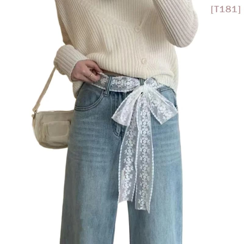 Cintura in pizzo lunga Y2K unica con fiocco floreale, cintura sottile da annodare per vestiti e jeans, sciarpa in pizzo, accessori per capelli