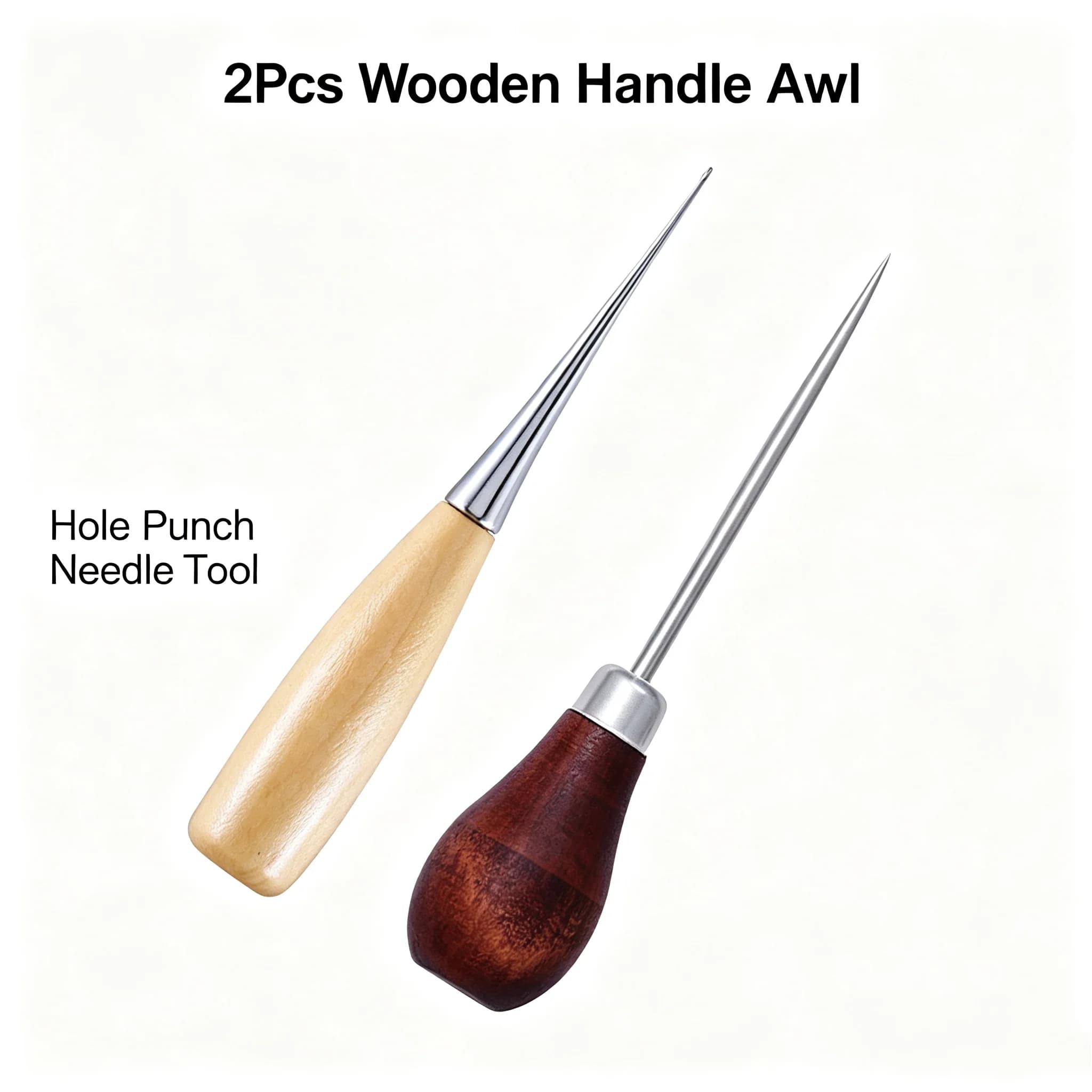 2Pcs Wooden Handle Sewing Awl Hole Punch Pin Tool, DIY Leather Craft Tent Shoes Bag Repair Hand Stitcher Leather Working Needle