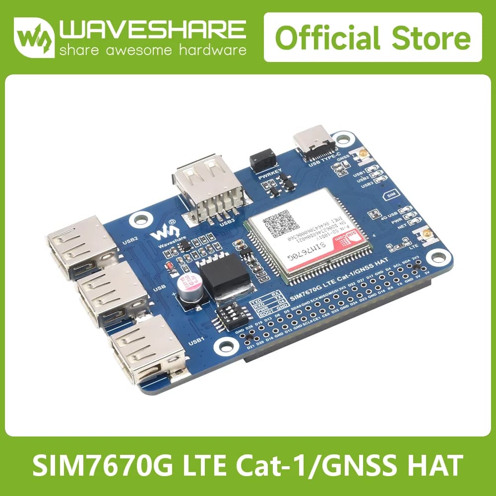Waveshare Cat-1/GNSS HAT for Raspberry Pi, Based On SIM7670G module, Global Multi-band LTE 4G Cat-1 support, GNSS, 3x USB 2.0
