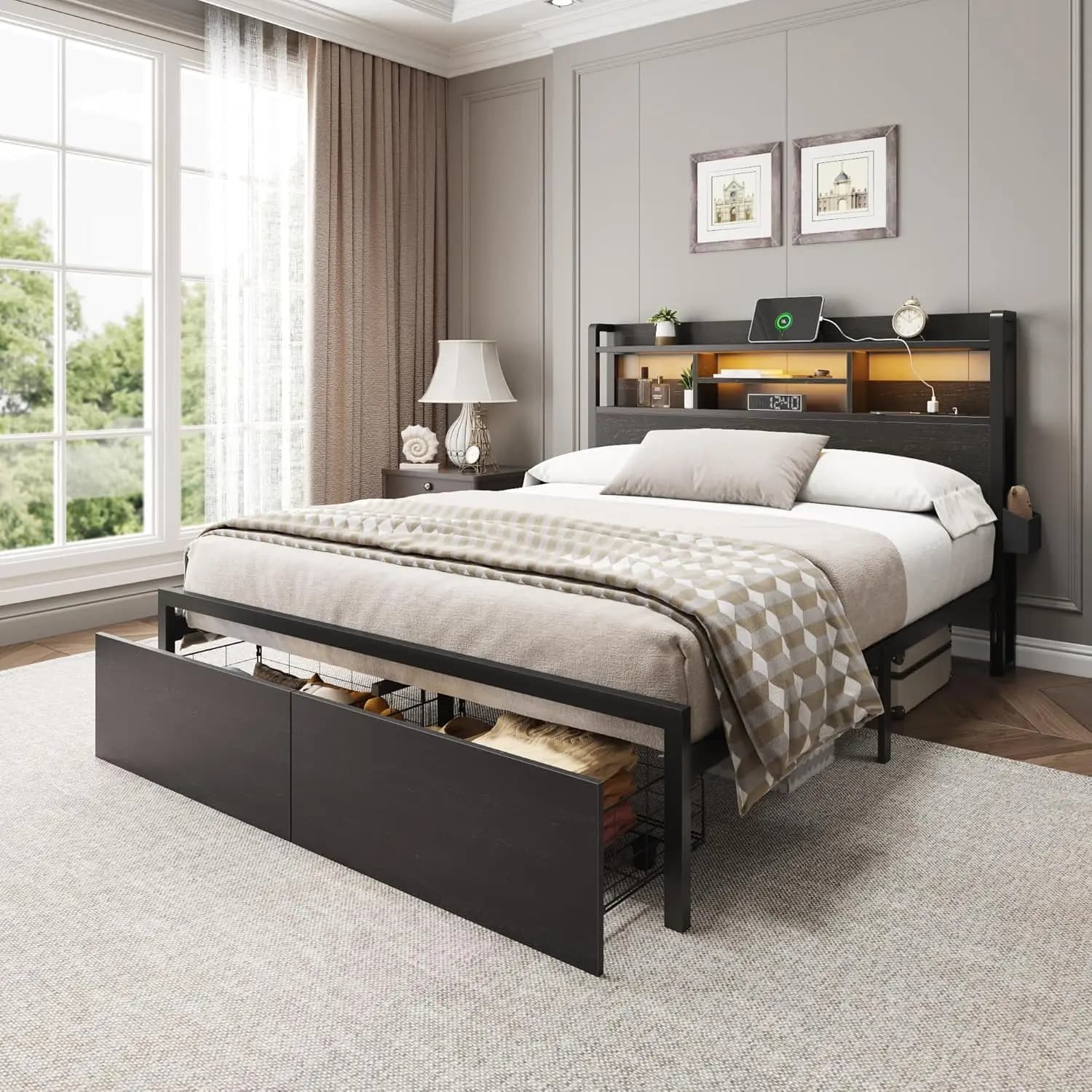 Struttura letto matrimoniale con testiera in legno, struttura letto in metallo con 2 cassetti contenitore e ripiano, LED, personalizzabile