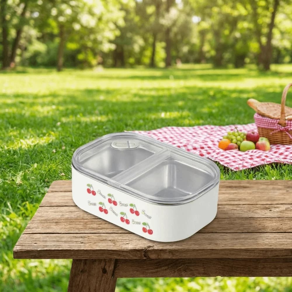 2 Compartment Stainless Steel Lunch Box Large Capacity Cartoon Insulated Lunch Box Leak-Proof Portable Storage Box with Lid