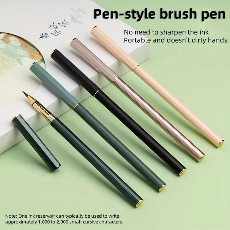 1 pennello portatile per aggiungere inchiostro, stile penna + 10 sacchetti di inchiostro nero, 5 colori tra cui scegliere, i studenti praticano la calligrafia con il pennello