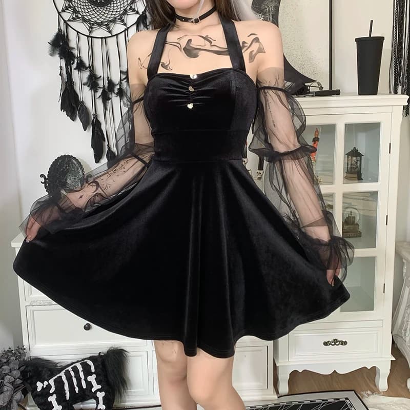 Abito da principessa gotico nero sexy con bretelle senza schienale Abito da festa in velluto con maniche a lanterna in rete Mini abiti a vita alta