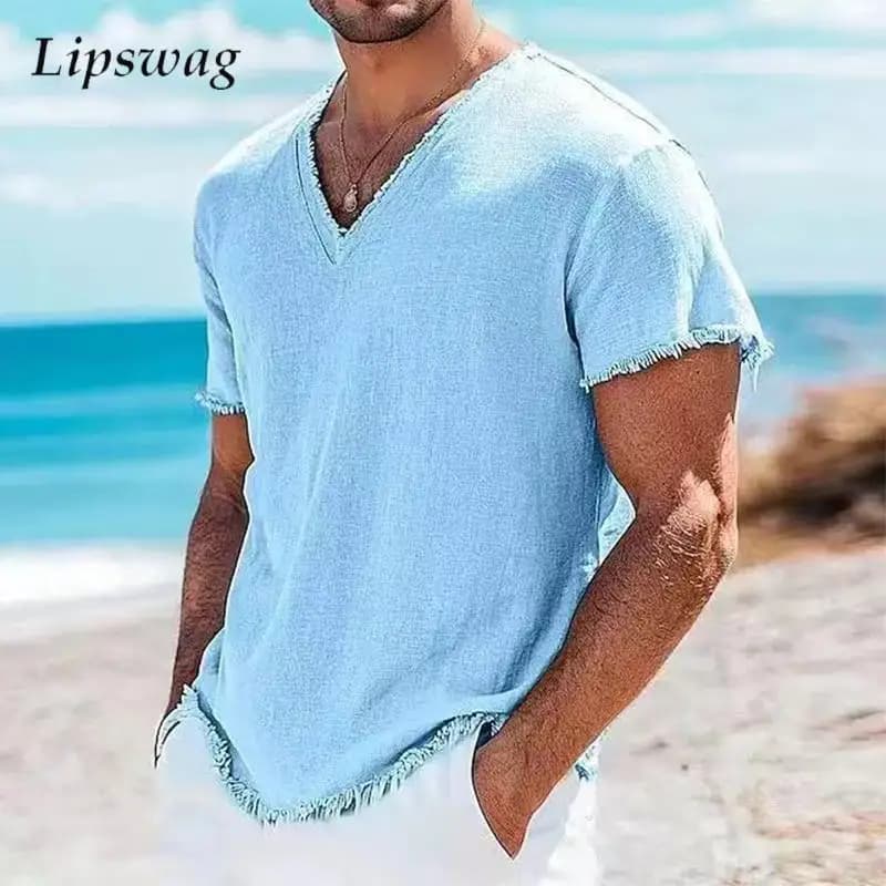 T-shirt in lino da uomo casual da spiaggia al mare T-shirt traspirante in tinta unita moda estiva da uomo Top strappati con scollo a V vintage all'aperto