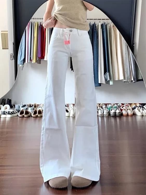 Low Waist Flared White Jeans Women's Spring 2026 Slim Fit Floor-Length Trousers Casual Style Vintage Washed Bell Bottoms