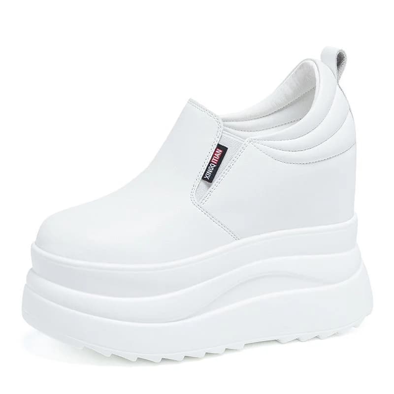 Scarpe da donna con tacco nascosto con plateau traspirante da 12 cm Scarpe da ginnastica robuste in vera pelle di mucca sintetica slip-on moda primavera autunno